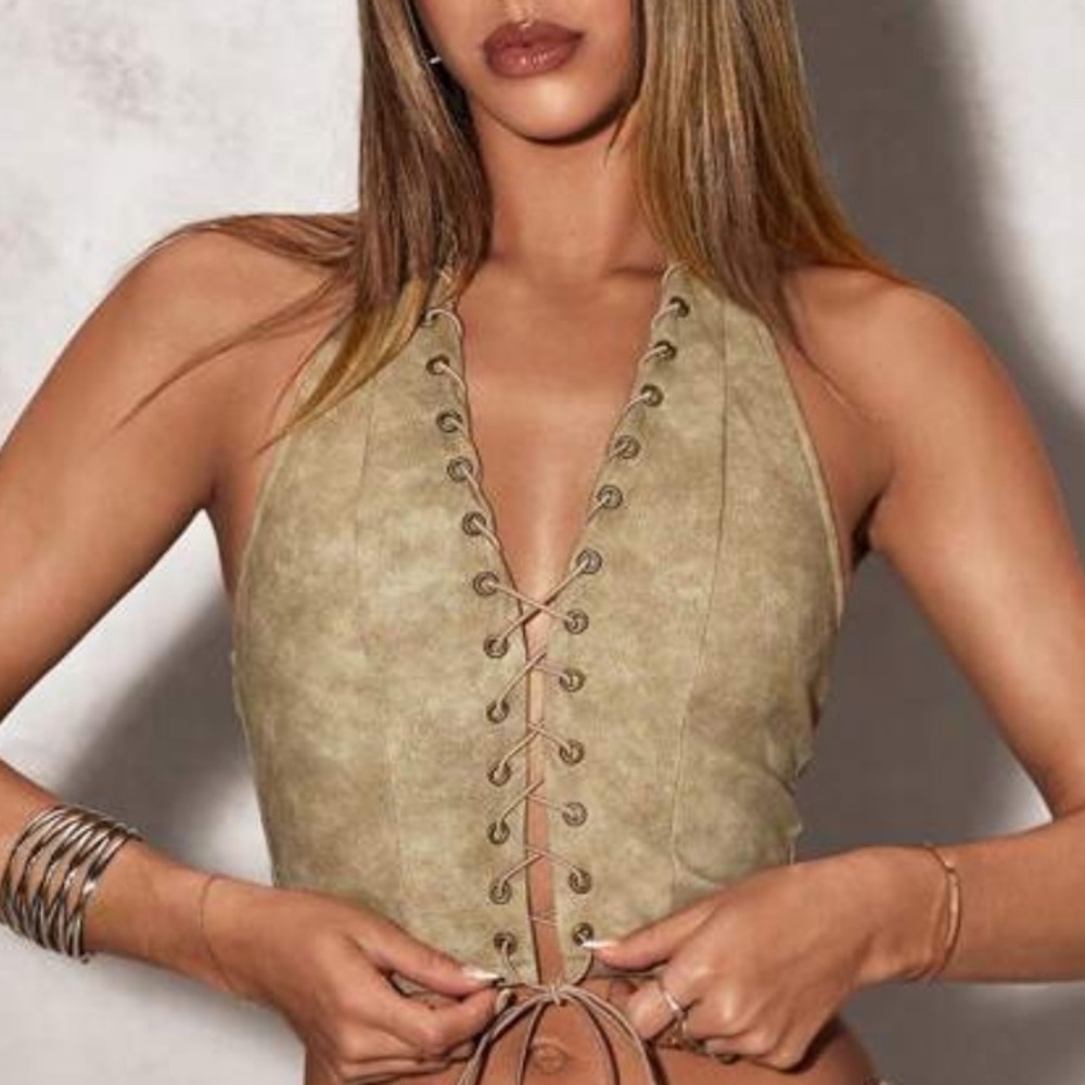 Stylish Tan Lace-Up Halter Top